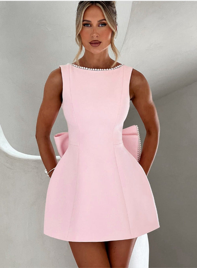 Luxury Pearl Backless Mini Dress with Big Bow: Elegant Summer A-Line Party & Evening Gown NommL