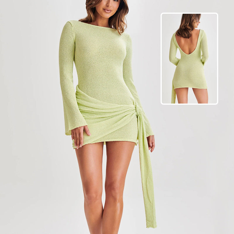 Fashion Slim Long-sleeved Dress Y2K Sexy Hip-hugging V-shaped Backless Short Dresses Womens Clothing NommL