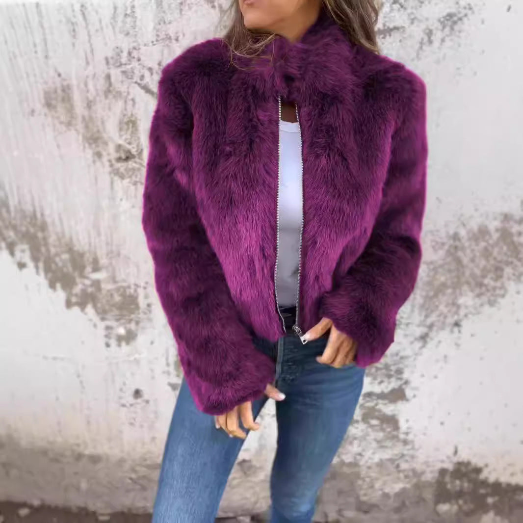 Fashion Stand Collar Plush Jacket Winter Casual Turtleneck Zipper Coat Fleece Tops Women's Clothing NommL