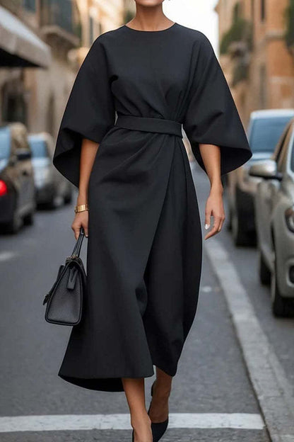 Loose Batwing Sleeve Dress Fashion Waist-tighted Solid Color Elegant Dresses For Women Clothing NommL