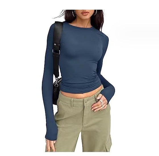 Women's Clothing Fashion Slim Long-sleeved Pullovers Tops Solid Causal Fit Shirts NommL