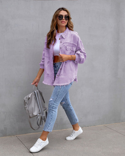 Fashion Ripped Shirt Jacket Female Autumn And Spring Casual Tops Womens Clothing NommL