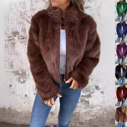 Fashion Stand Collar Plush Jacket Winter Casual Turtleneck Zipper Coat Fleece Tops Women's Clothing NommL