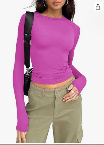 Women's Clothing Fashion Slim Long-sleeved Pullovers Tops Solid Causal Fit Shirts NommL