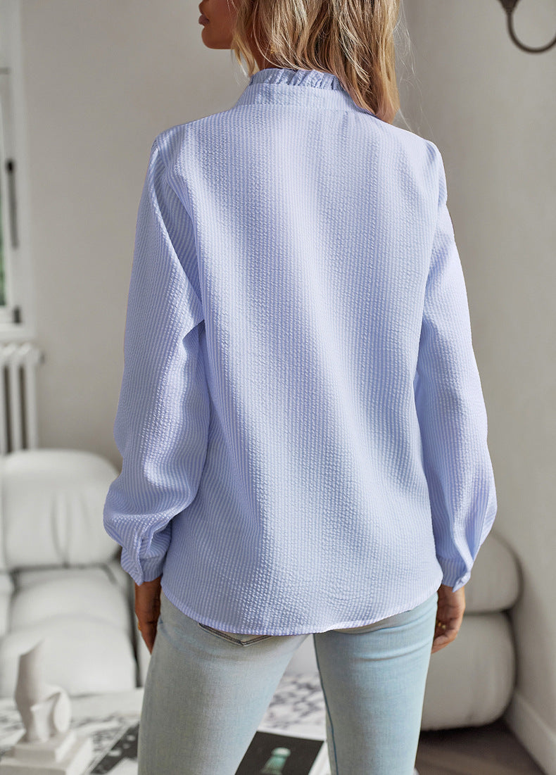Striped Long Sleeve Shirt Fashion Ruffle Design Button Up Tops Casual Office Blouse Elegant Commuting Women's Clothing NommL