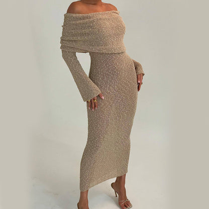 New One-shoulder Knitted Long-sleeved Dress Sexy Beach Holiday Long Dresses Womens Clothing NommL