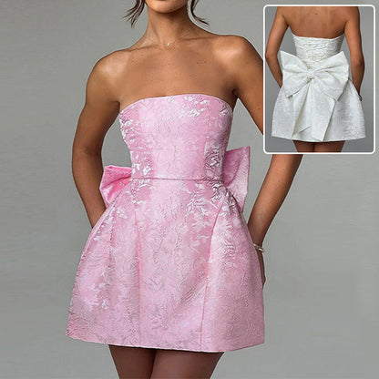 Elegant Strapless Mini Dress with Oversized Bow: Chic Summer Party & Evening Gown NommL