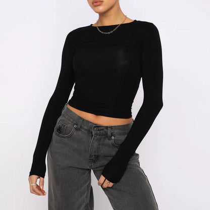 Women's Clothing Fashion Slim Long-sleeved Pullovers Tops Solid Causal Fit Shirts NommL
