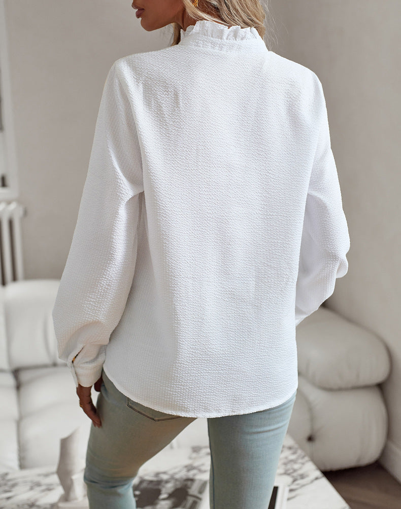 Striped Long Sleeve Shirt Fashion Ruffle Design Button Up Tops Casual Office Blouse Elegant Commuting Women's Clothing NommL
