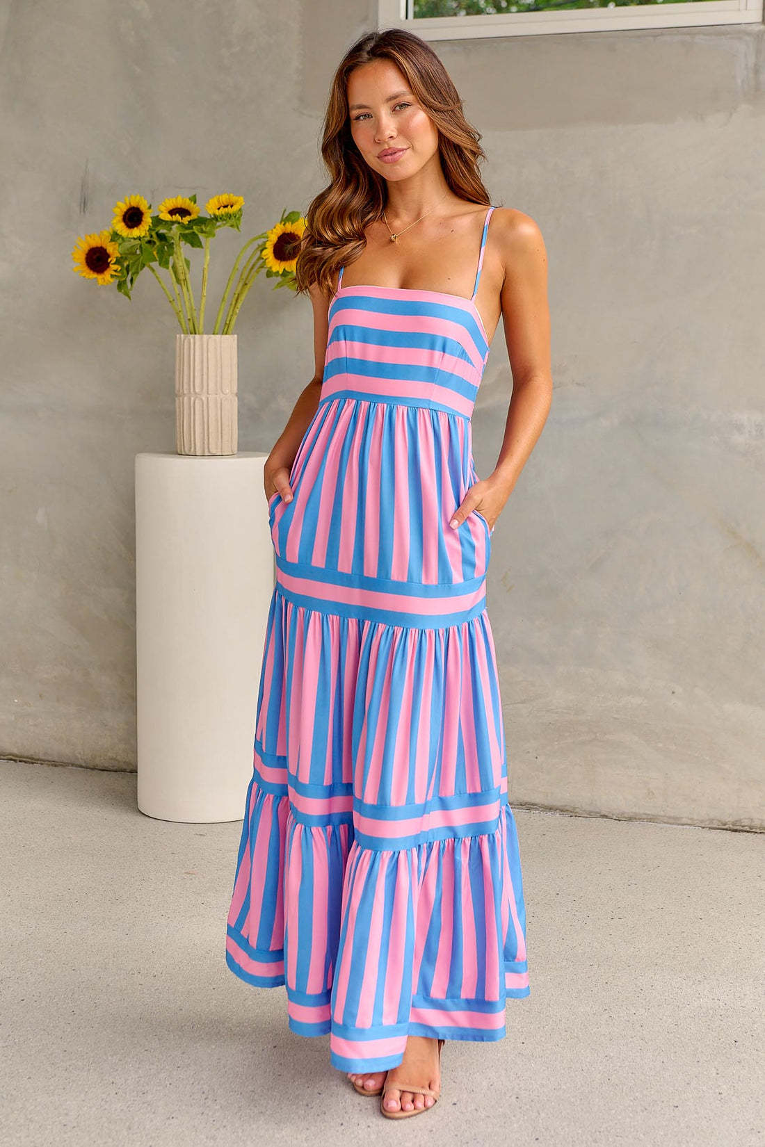 Summer Striped Printed Suspender Long Dress With Pockets Fashion Square Neck Backless Dresses For Beach Vacation Women Clothing NommL