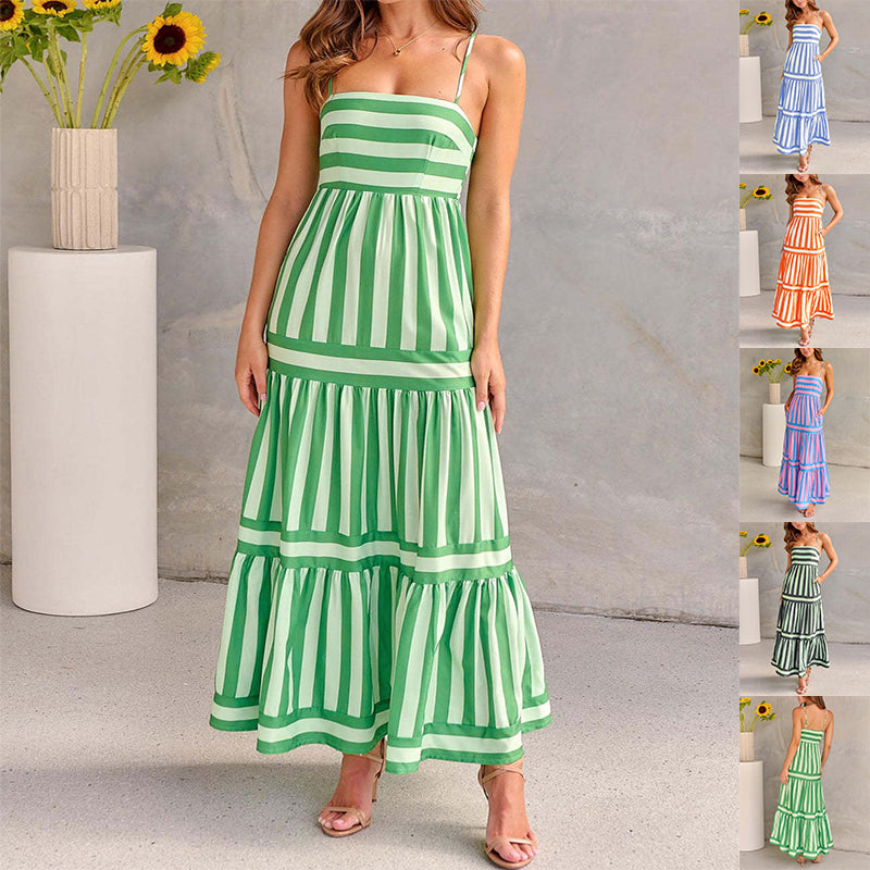 Summer Striped Printed Suspender Long Dress With Pockets Fashion Square Neck Backless Dresses For Beach Vacation Women Clothing NommL