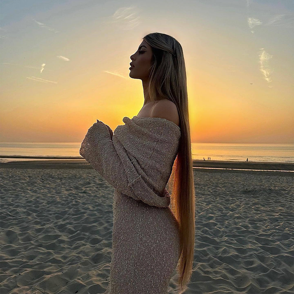 New One-shoulder Knitted Long-sleeved Dress Sexy Beach Holiday Long Dresses Womens Clothing NommL