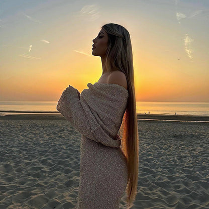 New One-shoulder Knitted Long-sleeved Dress Sexy Beach Holiday Long Dresses Womens Clothing NommL