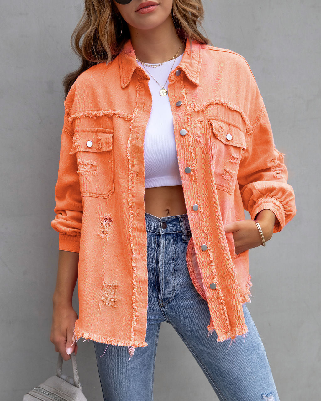 Fashion Ripped Shirt Jacket Female Autumn And Spring Casual Tops Womens Clothing NommL