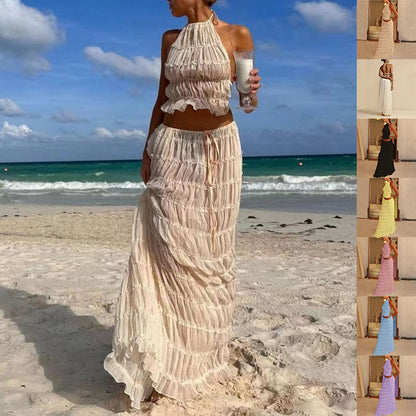 Summer Boho 2-Piece Set: Halter Crop Top & High-Waisted Pleated Maxi Skirt NommL