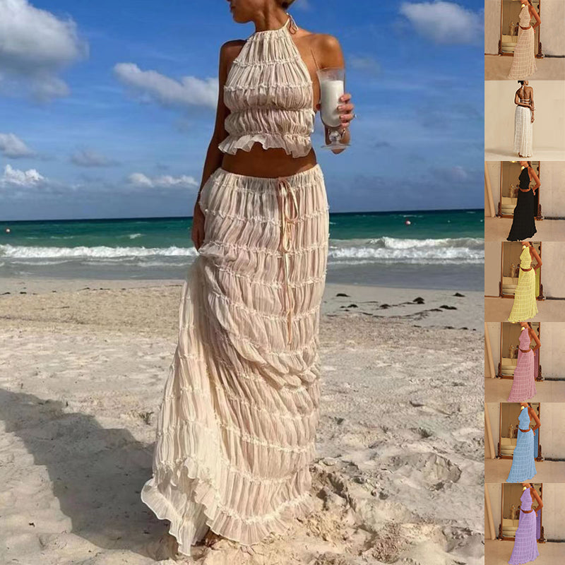 Summer Boho 2-Piece Set: Halter Crop Top & High-Waisted Pleated Maxi Skirt