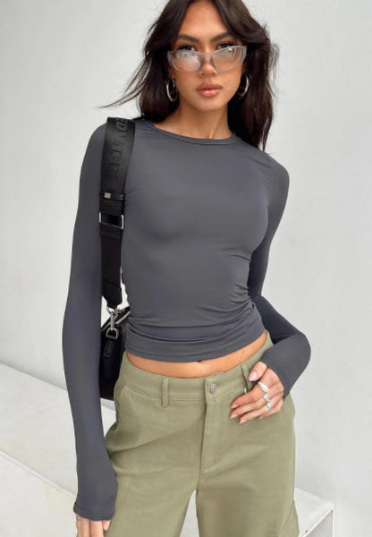 Women's Clothing Fashion Slim Long-sleeved Pullovers Tops Solid Causal Fit Shirts NommL