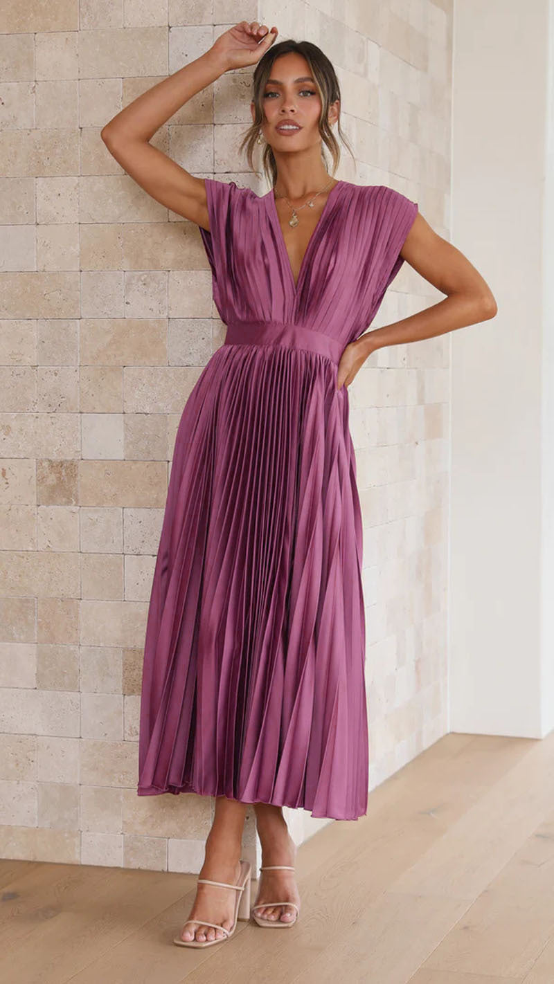 Elegant V-Neck Pleated Maxi Dress: Sleeveless Loose Fit Evening Gown for Weddings & Parties NommL