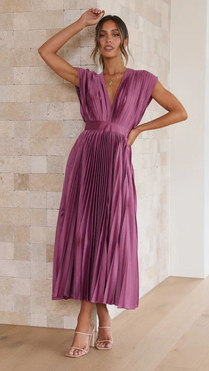 Elegant V-Neck Pleated Maxi Dress: Sleeveless Loose Fit Evening Gown for Weddings & Parties NommL