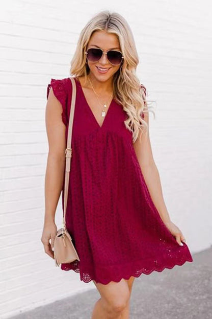 Lace Dresses With Pocket Summer Sleeveless Jacquard Cutout V-Neck Beach Dress NommL