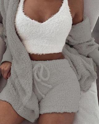 3pcs Womens Clothing Long Sleeve Crop Tank Top And Drawstring Shorts Pajama Set NommL