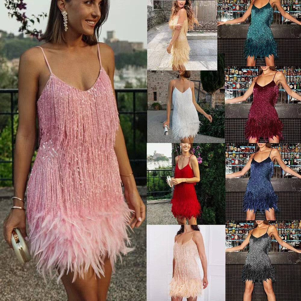 Sexy Tassel Sequins Feather Summer Mini Dress Women V Neck Spaghetti Strap Stitching Dresses Female Elegant Evening Party Club Dress NommL