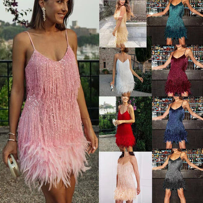 Sexy Tassel Sequins Feather Summer Mini Dress Women V Neck Spaghetti Strap Stitching Dresses Female Elegant Evening Party Club Dress NommL