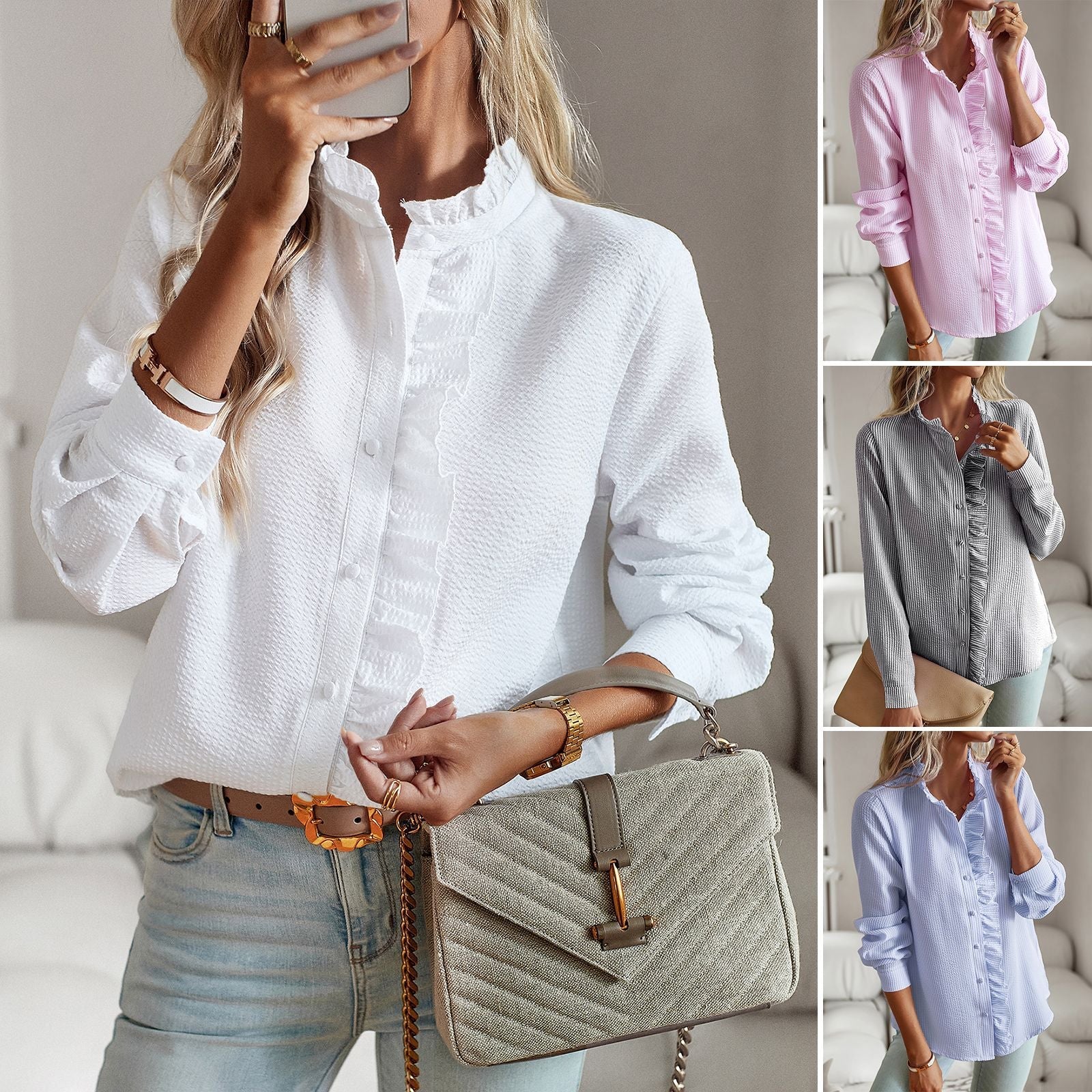 Striped Long Sleeve Shirt Fashion Ruffle Design Button Up Tops Casual Office Blouse Elegant Commuting Women's Clothing NommL