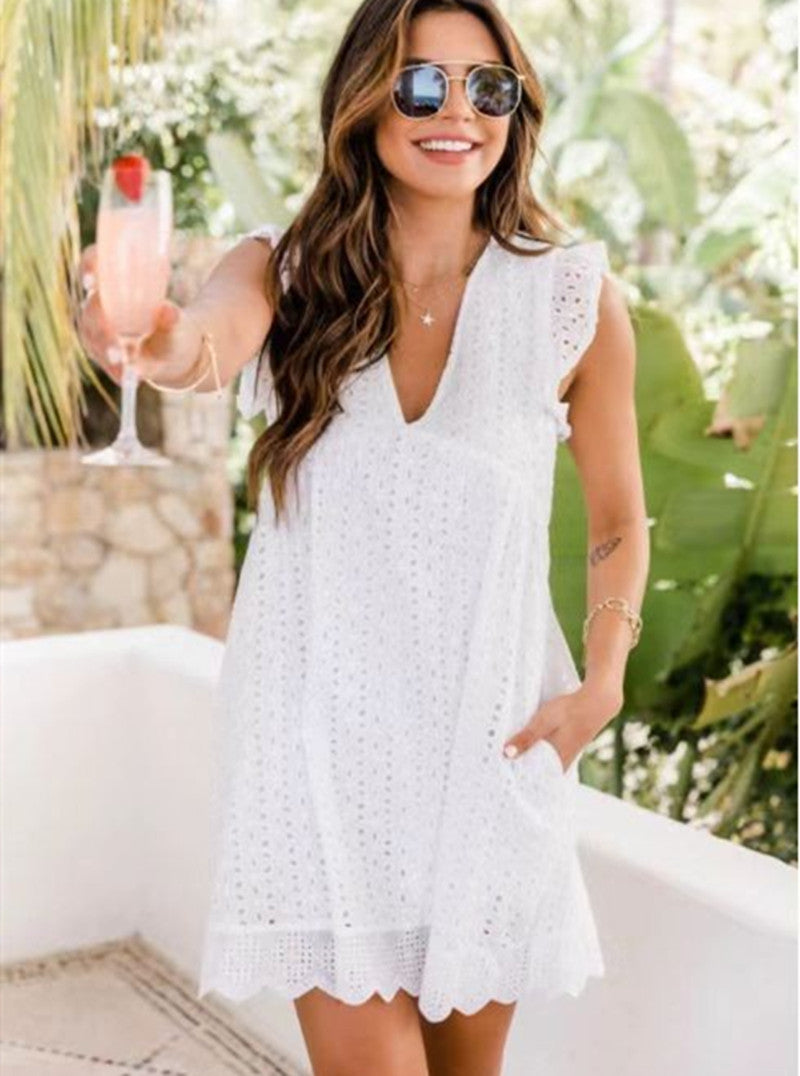 Lace Dresses With Pocket Summer Sleeveless Jacquard Cutout V-Neck Beach Dress NommL