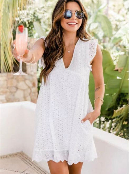 Lace Dresses With Pocket Summer Sleeveless Jacquard Cutout V-Neck Beach Dress NommL