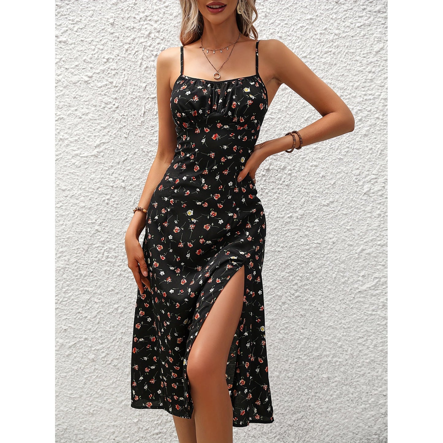 New Polka Dot Print Suspender Dress Summer Sexy Split Long Dresses For Womens Clothing NommL