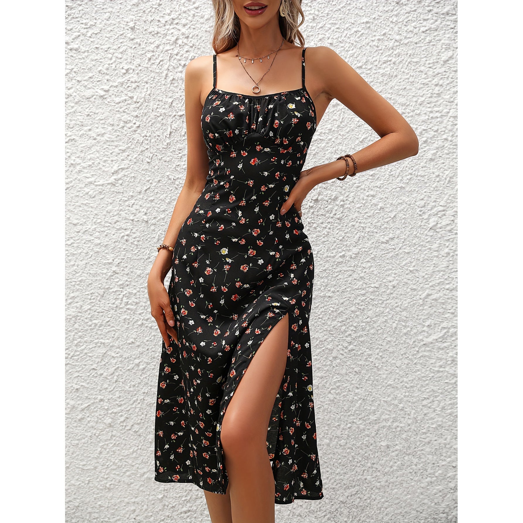 New Polka Dot Print Suspender Dress Summer Sexy Split Long Dresses For Womens Clothing NommL