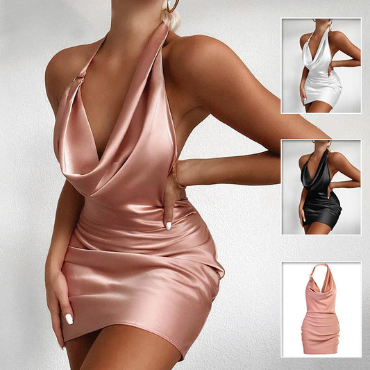 Satin Party Dress V Neck Backless Mini Sleeveless Summer Party Dress NommL