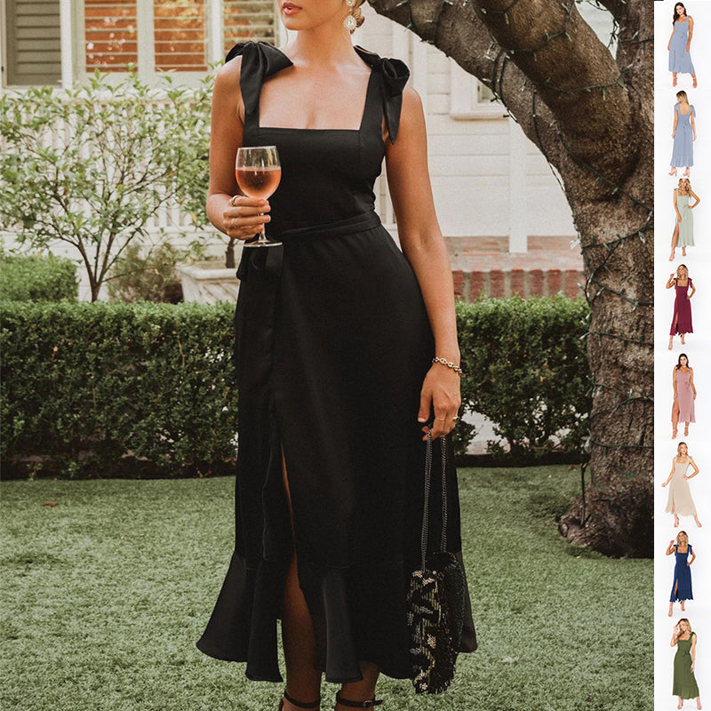 Temperament Suspender Split Dress With Lace-up Design Fashion Summer Ruffled Beach Dresses For Women NommL