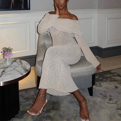 New One-shoulder Knitted Long-sleeved Dress Sexy Beach Holiday Long Dresses Womens Clothing NommL
