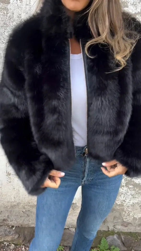 Fashion Stand Collar Plush Jacket Winter Casual Turtleneck Zipper Coat Fleece Tops Women's Clothing NommL