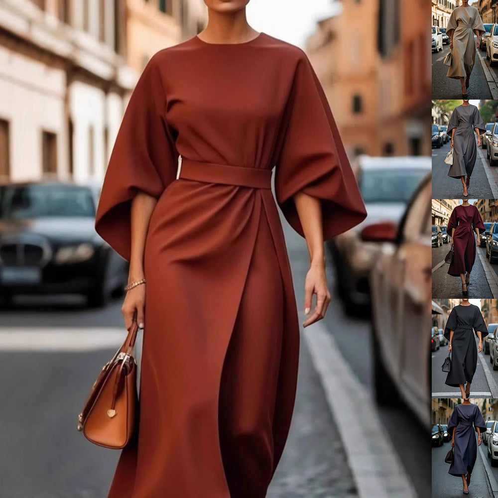 Loose Batwing Sleeve Dress Fashion Waist-tighted Solid Color Elegant Dresses For Women Clothing NommL