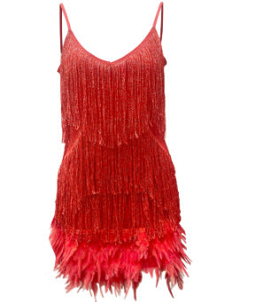 Sexy Tassel Sequins Feather Summer Mini Dress Women V Neck Spaghetti Strap Stitching Dresses Female Elegant Evening Party Club Dress NommL