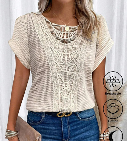 Summer Hollow Out Short-sleeved T-shirt Fashion Ethnic Style Tops Women's Clothing NommL
