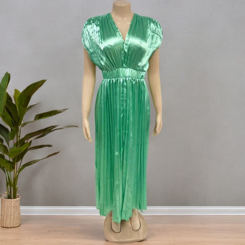 Elegant V-Neck Pleated Maxi Dress: Sleeveless Loose Fit Evening Gown for Weddings & Parties NommL