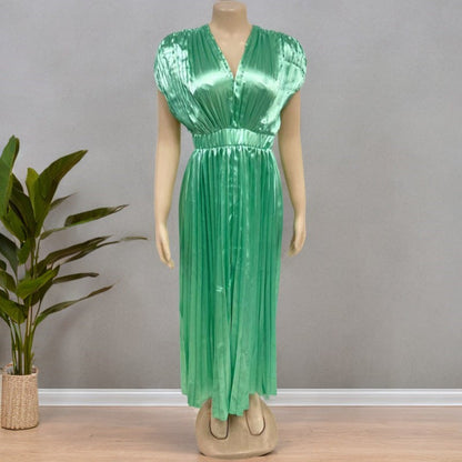 Elegant V-Neck Pleated Maxi Dress: Sleeveless Loose Fit Evening Gown for Weddings & Parties NommL