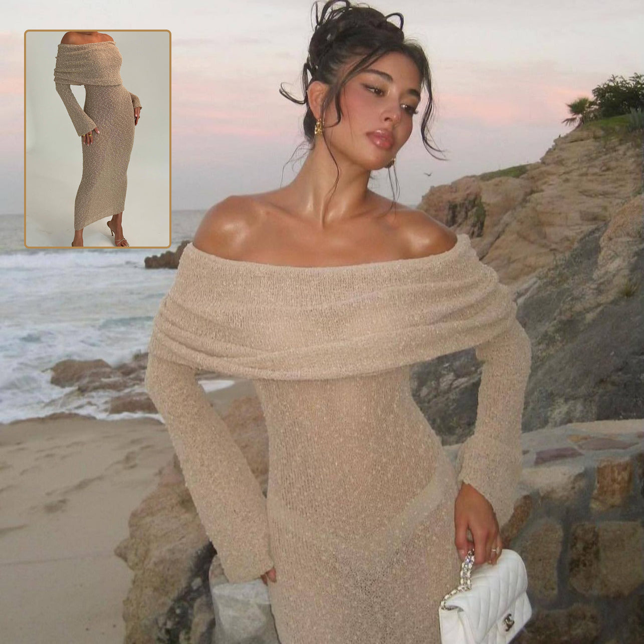 New One-shoulder Knitted Long-sleeved Dress Sexy Beach Holiday Long Dresses Womens Clothing NommL