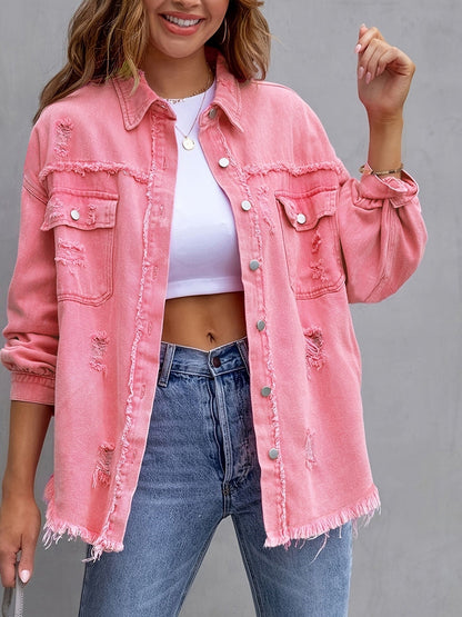 Fashion Ripped Shirt Jacket Female Autumn And Spring Casual Tops Womens Clothing NommL