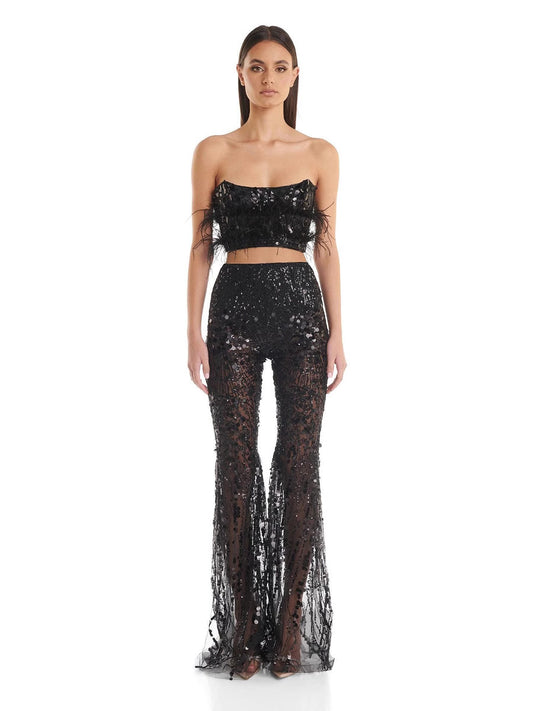Women Sequined Tube Top and High Waist Trousers Two-Piece Party Outfit Set