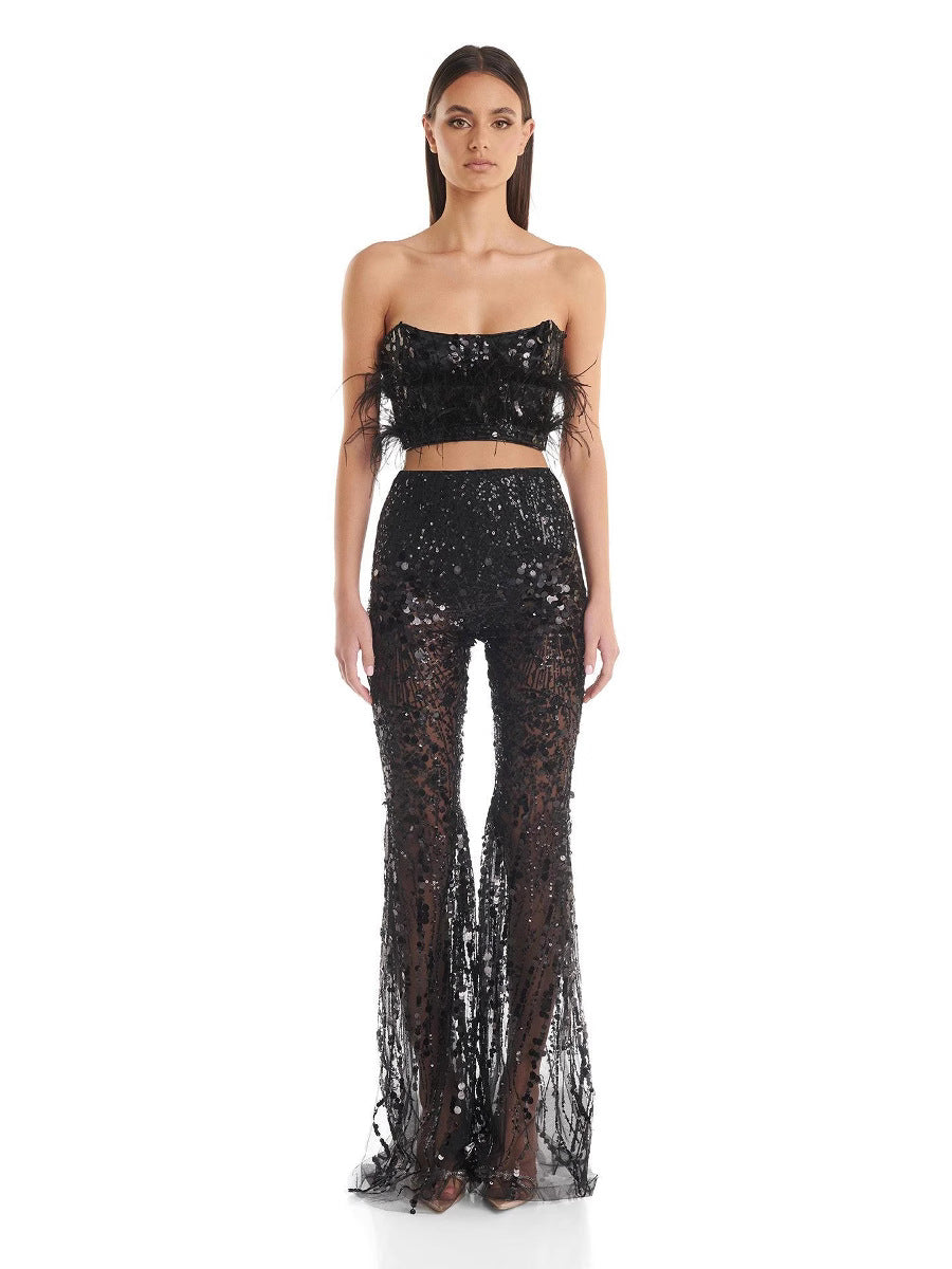Women Sequined Tube Top and High Waist Trousers Two-Piece Party Outfit Set