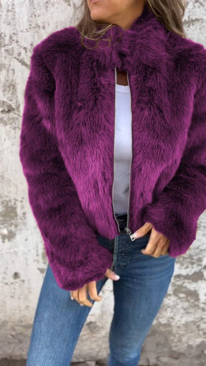 Fashion Stand Collar Plush Jacket Winter Casual Turtleneck Zipper Coat Fleece Tops Women's Clothing NommL