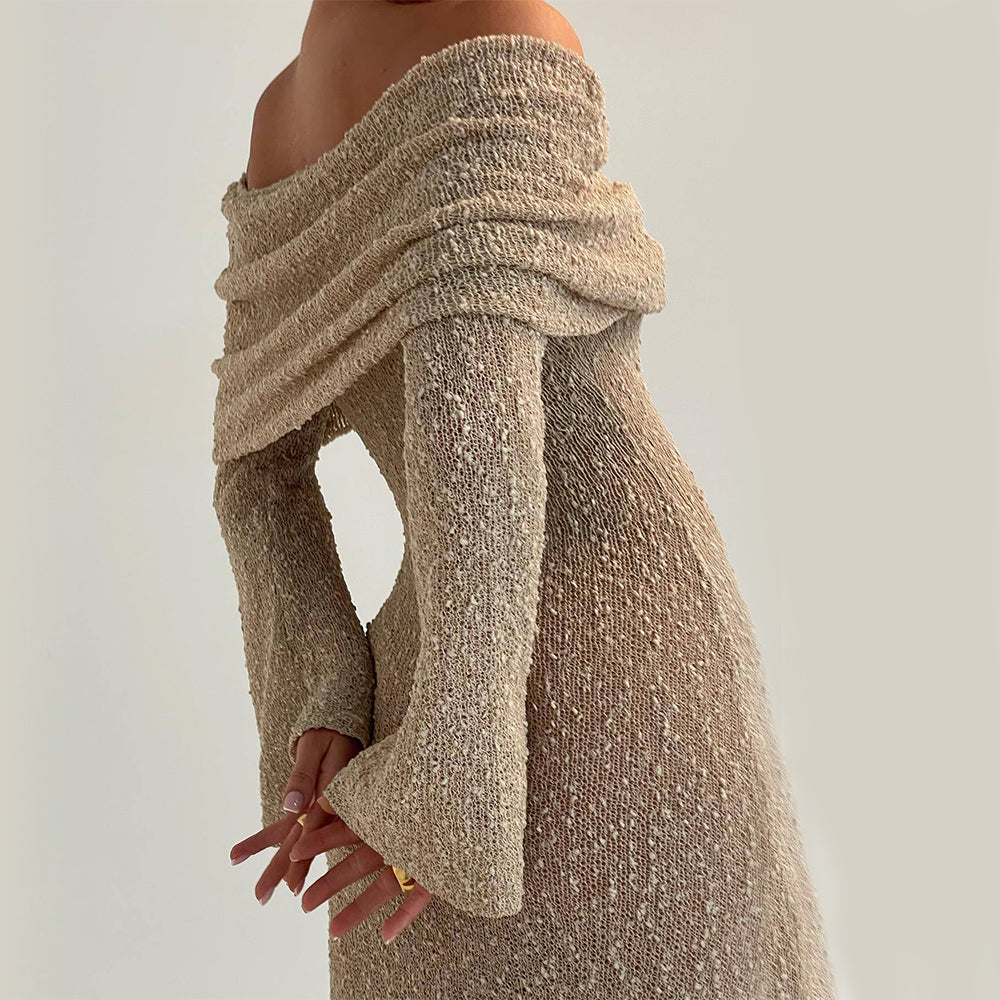 New One-shoulder Knitted Long-sleeved Dress Sexy Beach Holiday Long Dresses Womens Clothing NommL