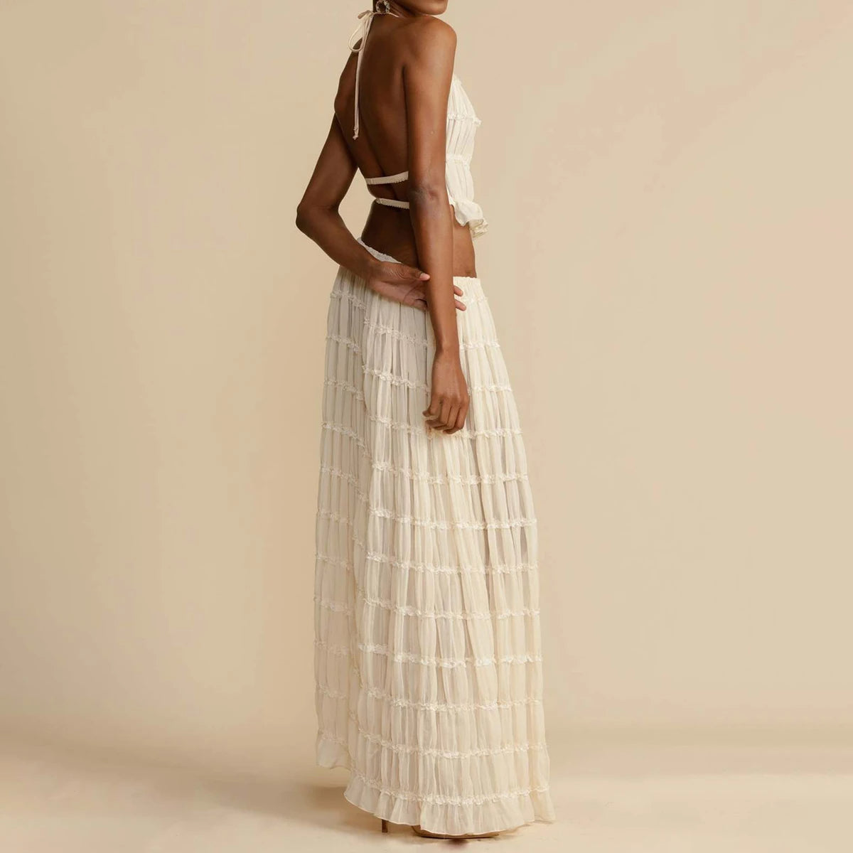 Summer Boho 2-Piece Set: Halter Crop Top & High-Waisted Pleated Maxi Skirt NommL