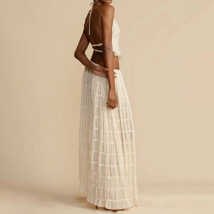 Summer Boho 2-Piece Set: Halter Crop Top & High-Waisted Pleated Maxi Skirt NommL