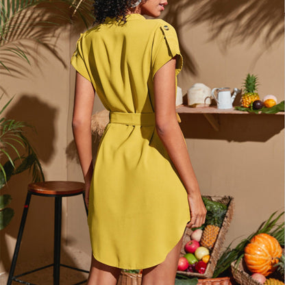 V-neck Short Sleeve Dress With Belt Summer Fashion Bowknot Dresses For Women Clothing NommL